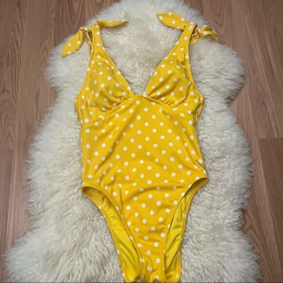 Shade and Shore Yellow Polka Dot High High Cut One Piece Swimsuit S - Picture 1 of 6